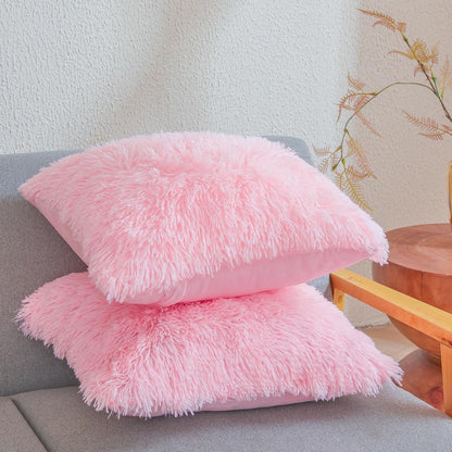 Pink Fluffy Faux Fur Throw Pillow Covers 18"x18", Shaggy Plush Fuzzy Furry Decorative Pillowcase Set for Sofa, Bedroom, or Living Room