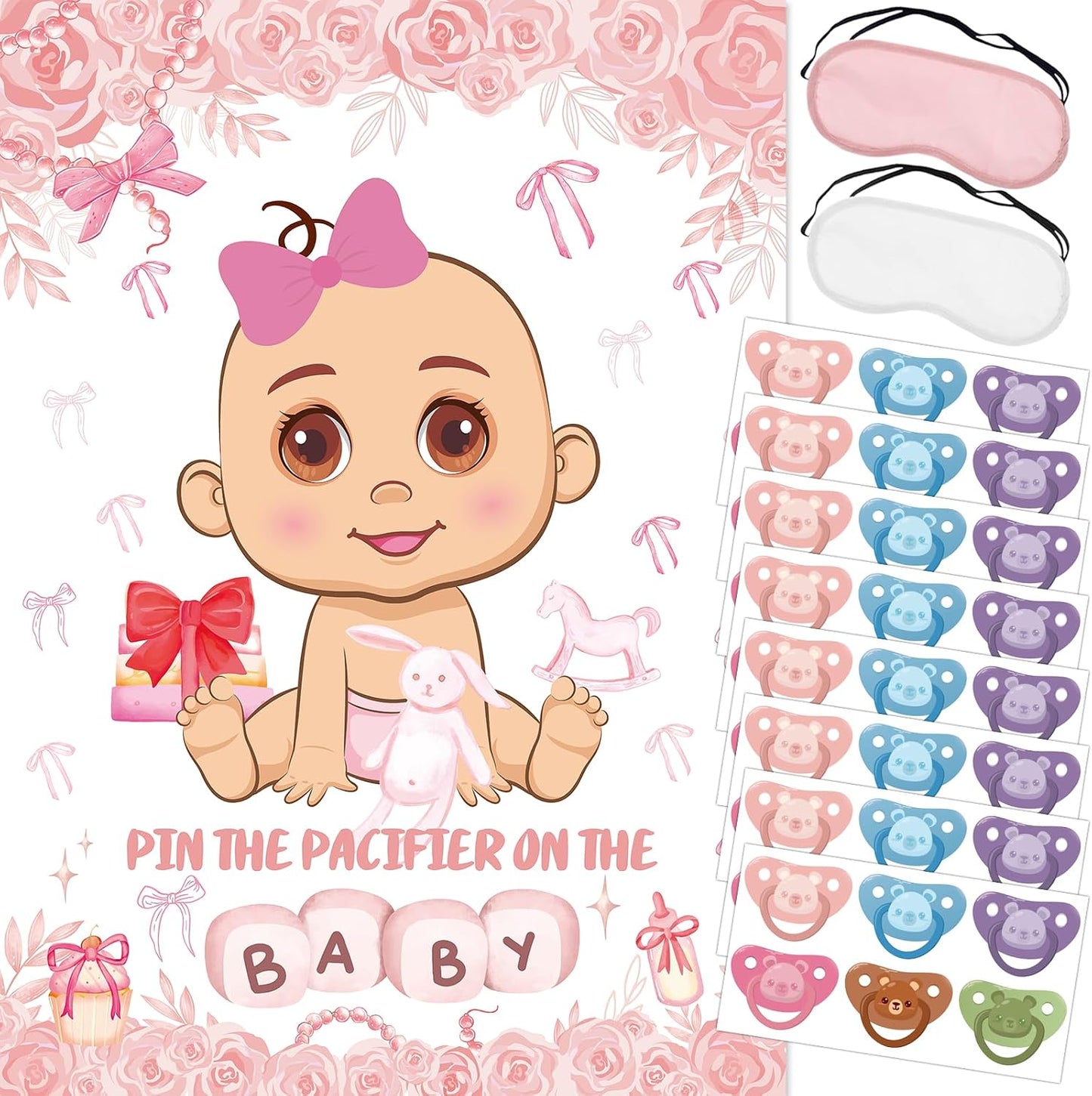 Pin The Pacifier On The Baby Party Games, Pink Baby Shower Decoration Bow Party Decorations with Large Poster 48 Pacifier Stickers Game for Baby Shower Party Bow Coquette Birthday Decorations