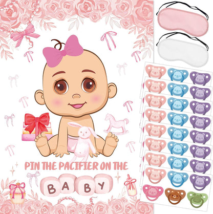 Pin The Pacifier On The Baby Party Games, Pink Baby Shower Decoration Bow Party Decorations with Large Poster 48 Pacifier Stickers Game for Baby Shower Party Bow Coquette Birthday Decorations