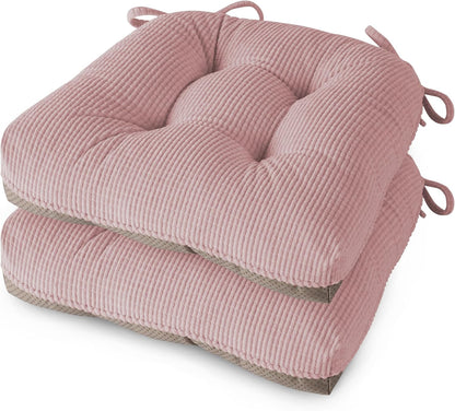 Kitchen Chair Cushions for Dining Chairs Set of 2, Tufted Kitchen Seat Cushions with Ties and Non-Slip Bottom 18"X16.5"X3" Light Pink