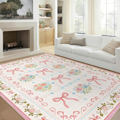Bow 5x7 Area Rug Pink Princess Rugs Machine Washable Non-Slip Low-Pile Floor Carpet Mat for Girls Room Nursery Vanity Living Room Bedroom Dining Room Office