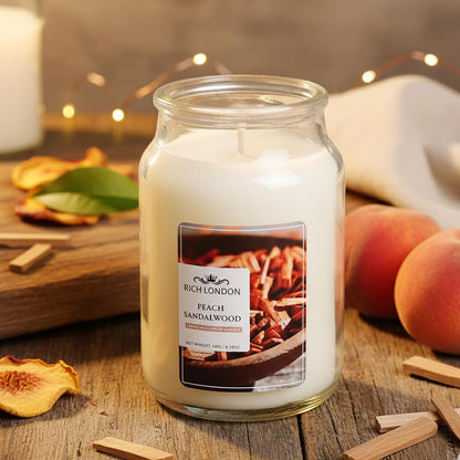 Rich London Peach Sandalwood Jar Candle – Highly Scented Soy Wax Candle with Cotton Wick & Essential Fragrance Oils for Relaxing Aromatherapy, Home Décor & Gifting