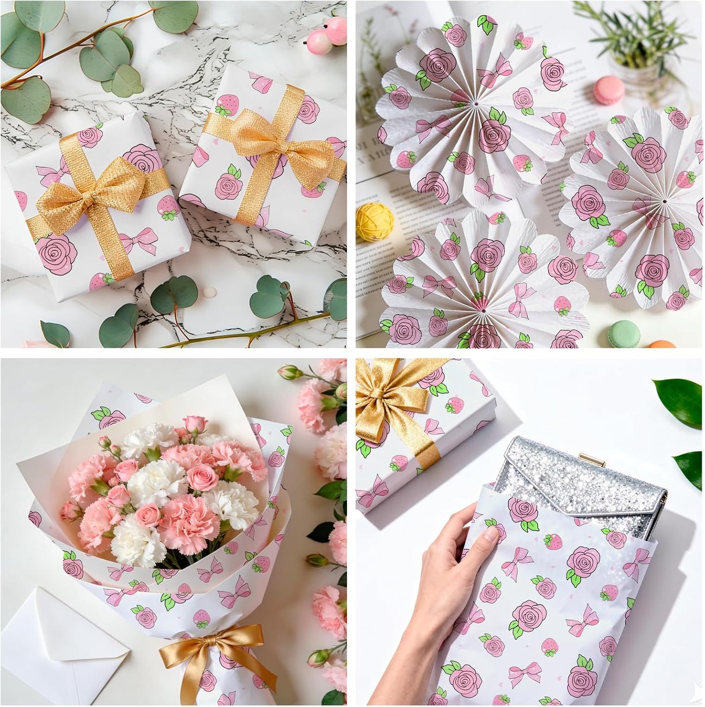 60 Sheets Gift Wrapping Tissue Paper Bulk, Pink Rose Bow Tissue Paper for Gift Bags, Decorative Art Papers for DIY Crafts Valentines Day Wedding Baby Showers Party Decor, 20x14 Inches
