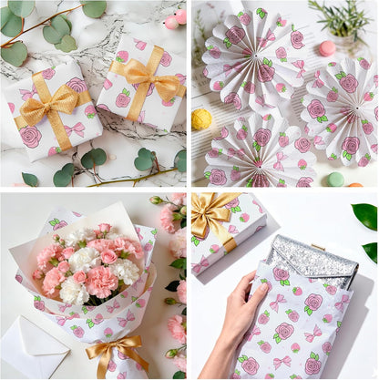 60 Sheets Gift Wrapping Tissue Paper Bulk, Pink Rose Bow Tissue Paper for Gift Bags, Decorative Art Papers for DIY Crafts Valentines Day Wedding Baby Showers Party Decor, 20x14 Inches