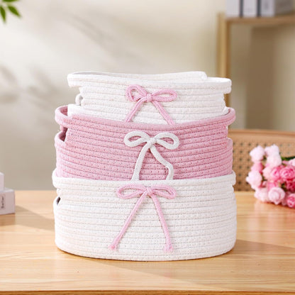 Breling 3 Pieces Pink Bow Baskets Coquette Bow Cotton Rope Storage Basket Pink Woven Gift Baskets Laundry Hamper Rope Bin with Handles for Decoration Organization Storage for Nursery, Pet Toy Basket