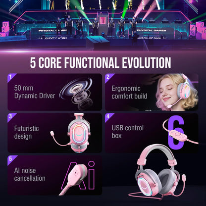 FIFINE Wired RGB Gaming Headset, PC Over-Ear Streaming Headset with USB, 7.1 Surround Sound, Noise-Cancelling Mic, Soft Ear Pads, 4 EQ Modes for PC, Laptop, Mac, PS4, PS5 - AmpliGame H13P (Pink)