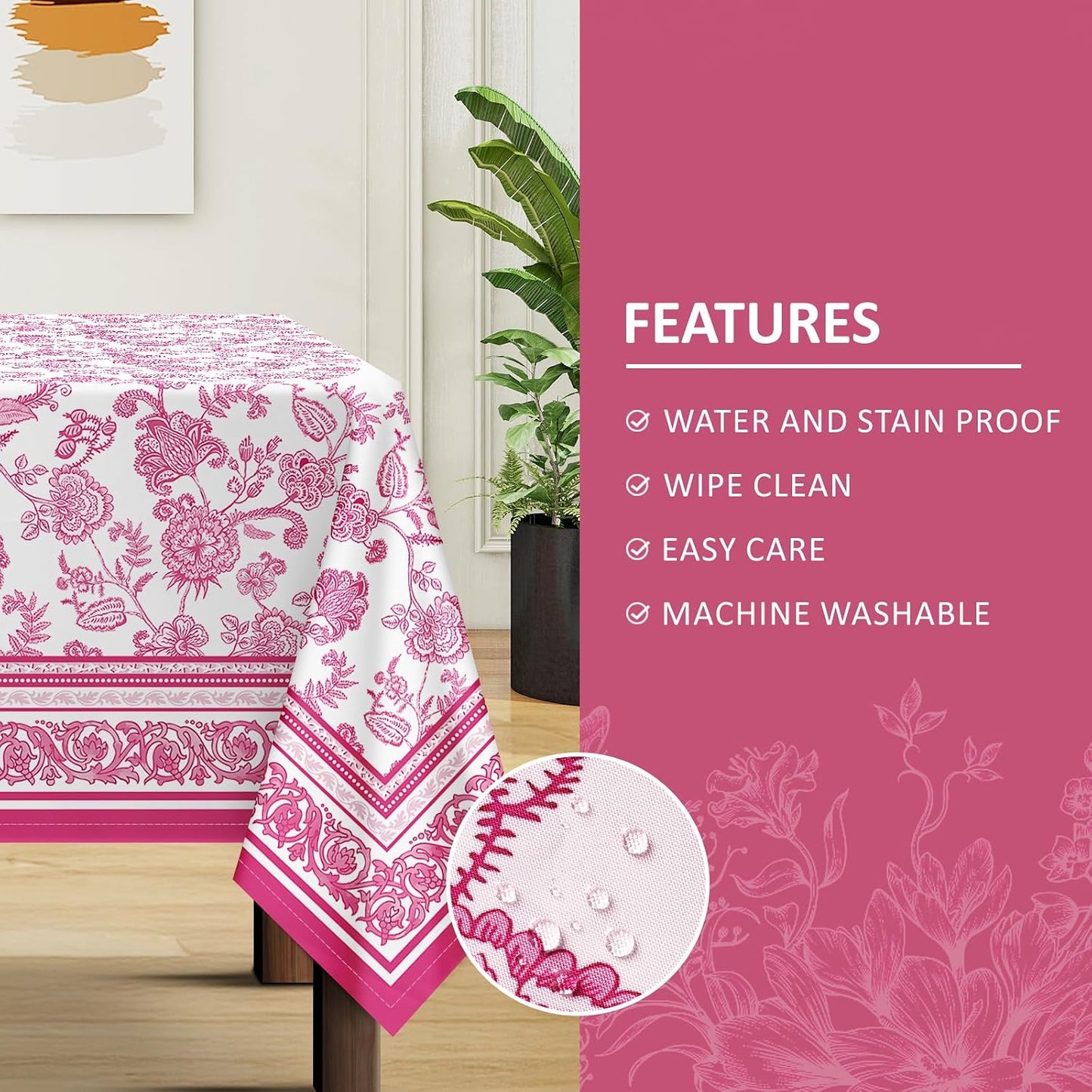 Rustic Pink Floral Tablecloth Waterproof, Classic French Country Table Cloth Rectangle Stain Resistant, Washable Table Cover for Home Kitchen Dining Party Decoration (60×84 Inch)