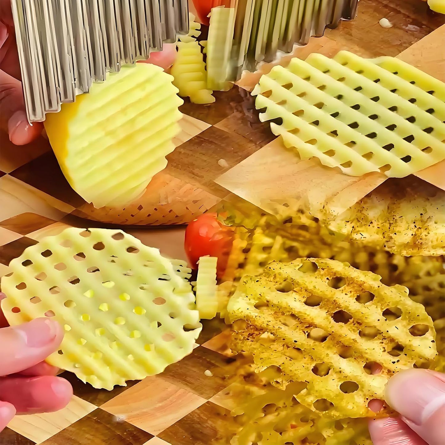 2 Pack Crinkle Cutter Stainless Steel Wavy French Fry & Vegetable Slicer for Potatoes, Carrots, Cheese, Multi-Color (Pink & Blue)