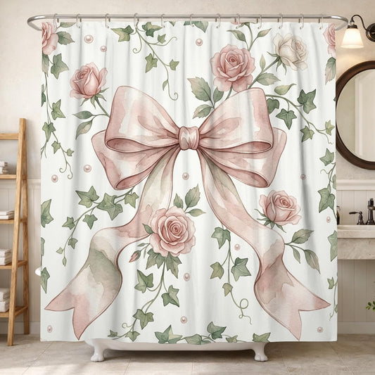 Bow Shower Curtain, Vintage Romantic Rose Ivy Spring Peach Waterproof Fabric Clawfoot Tub Shower Curtains Decor for Bathroom Guest Room 72x72 Inch