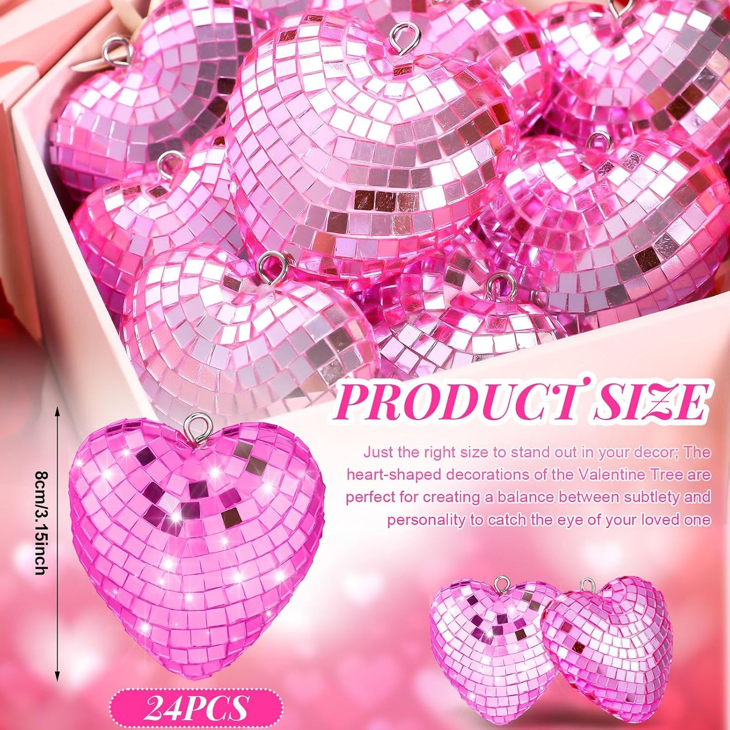 Ziliny 24 Pcs Heart Hanging Ornaments for Mother's Day Wedding Tree Disco Balls Mirror Disco Ball Decor Baubles Plastic Heart Decoration for Wedding Party Mother's Day Supplies (Pink)