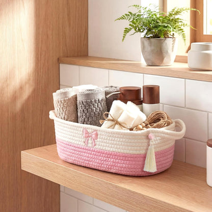 Pink Bow Woven Toilet Paper Basket - Cotton Rope Storage Basket with Handles, Oval Woven Bathroom Organizer Storage Baskets, Decorative Gift Bin for Towels, Kitchen & Vanity, 13.4"×5.5"×3.9"