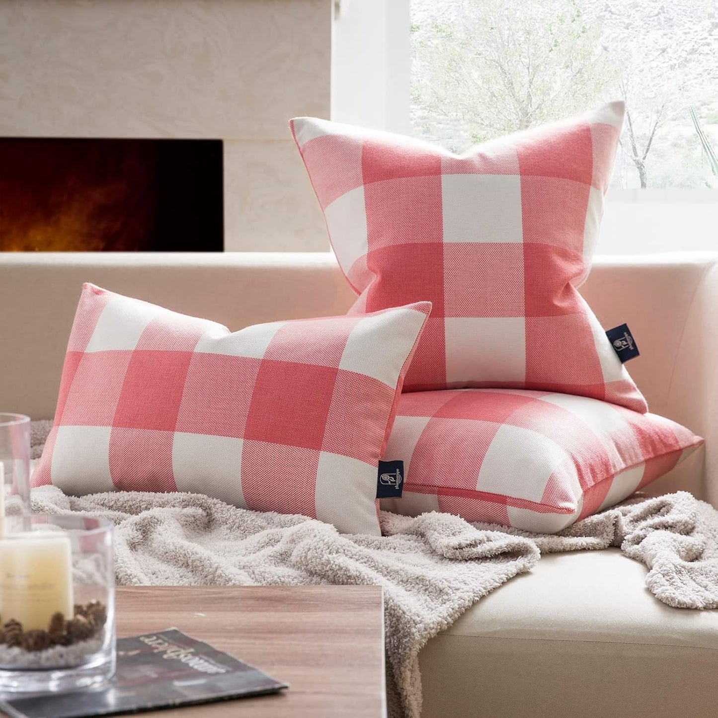 Phantoscope Pack of 2 Gingham Buffalo Check Plaid Throw Decorative Pillow Cover Outdoor Indoor Throw Pillows Farmhouse Square Pillow Cases for Home Decor Pink,18 x 18 Inches