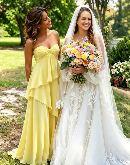 Strapless Bridesmaid Dresses Long for Women Chiffon Tiered Aline Formal Evening Dress ZU171