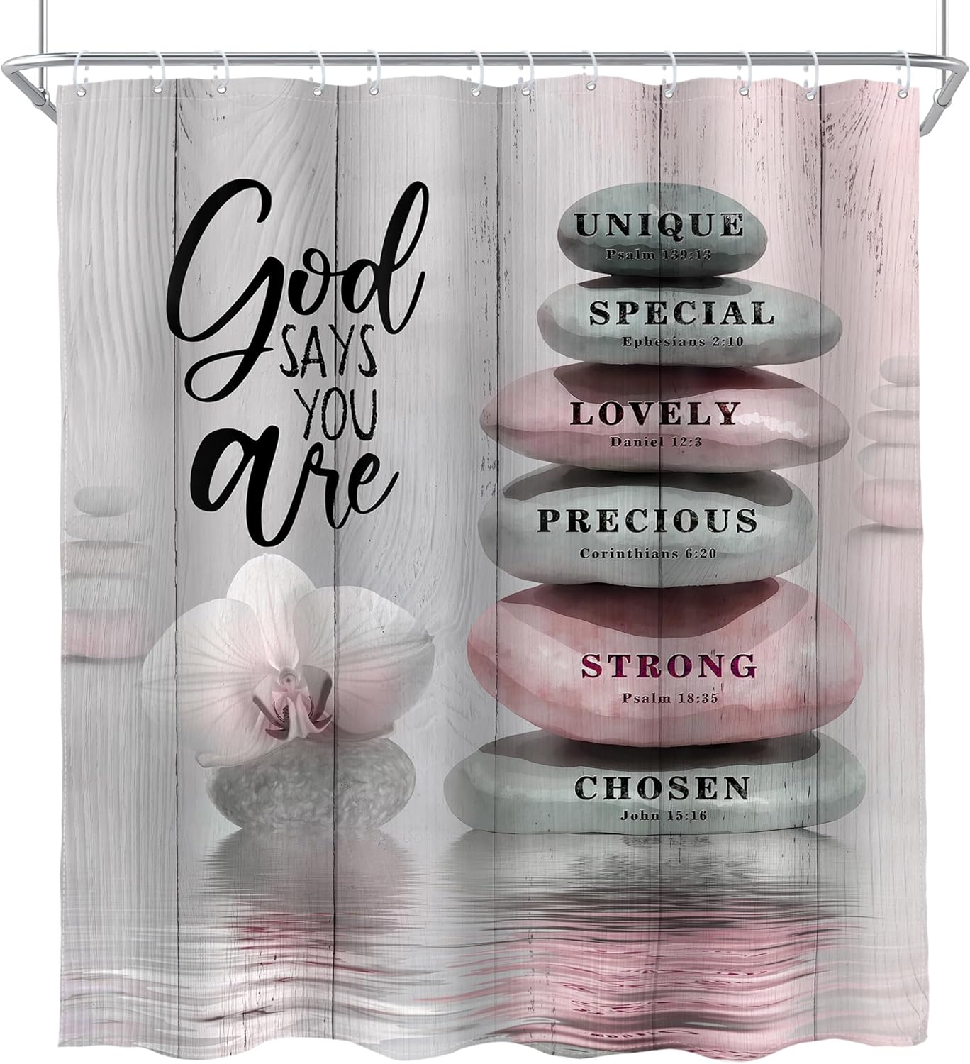 AMBZEK Pink Shower Curtain 60Wx72L Inch Bible Verse Scripture Christian Zen Stone Spa Meditation Relaxing Lotus Peach Blush Cloth Fabric Waterproof Polyester Bathroom Decor Set with 12 Pack Hooks