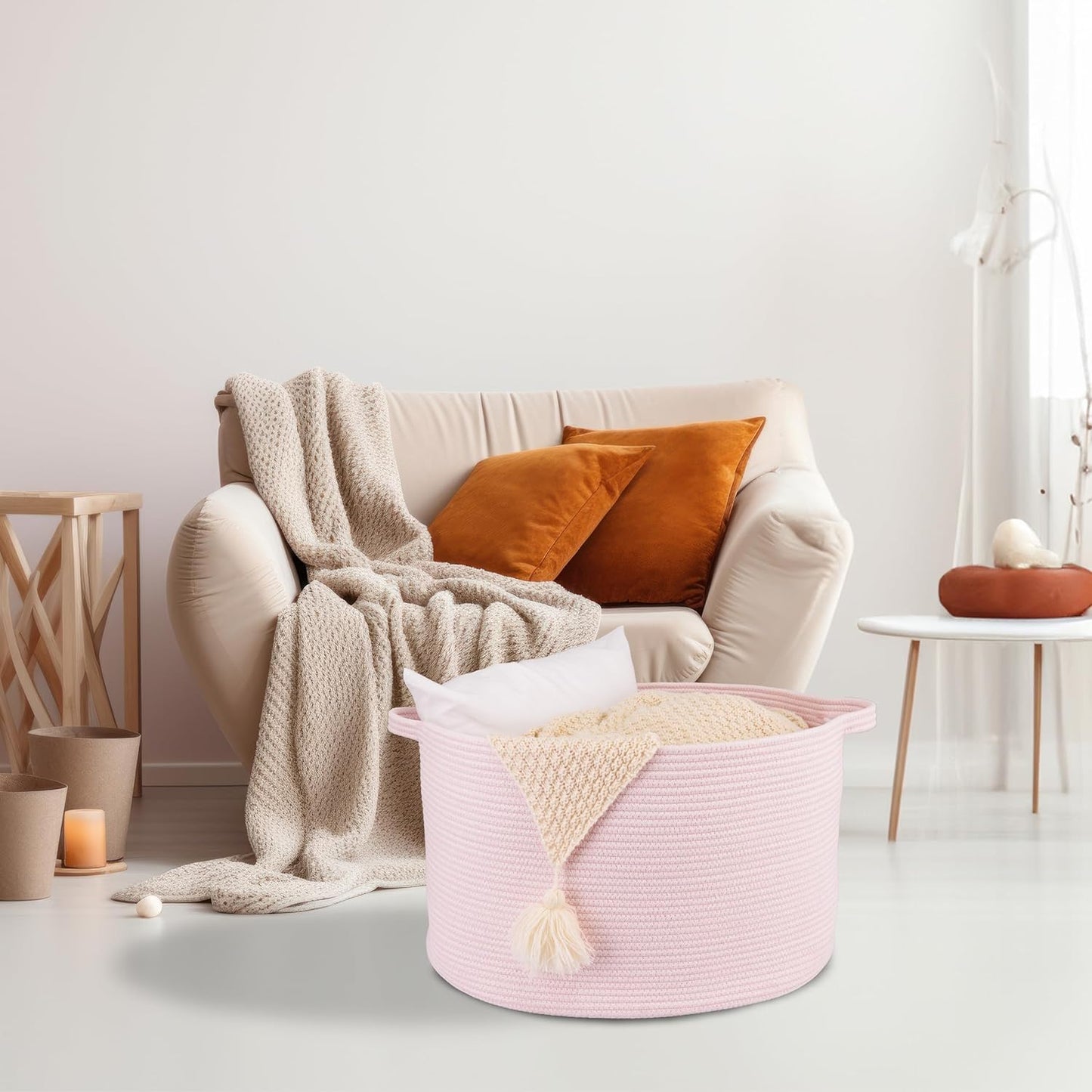 XUANGUO Extra Large Cotton Rope Basket Blankets Basket Living Room 22"x14" Toy Baskets for Kids Dogs Storage Baskets for Nursery Woven Laundry Baskets for Clothes Towels Baby Toy Storage Round pink