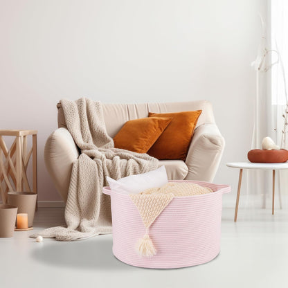 XUANGUO Extra Large Cotton Rope Basket Blankets Basket Living Room 22"x14" Toy Baskets for Kids Dogs Storage Baskets for Nursery Woven Laundry Baskets for Clothes Towels Baby Toy Storage Round pink