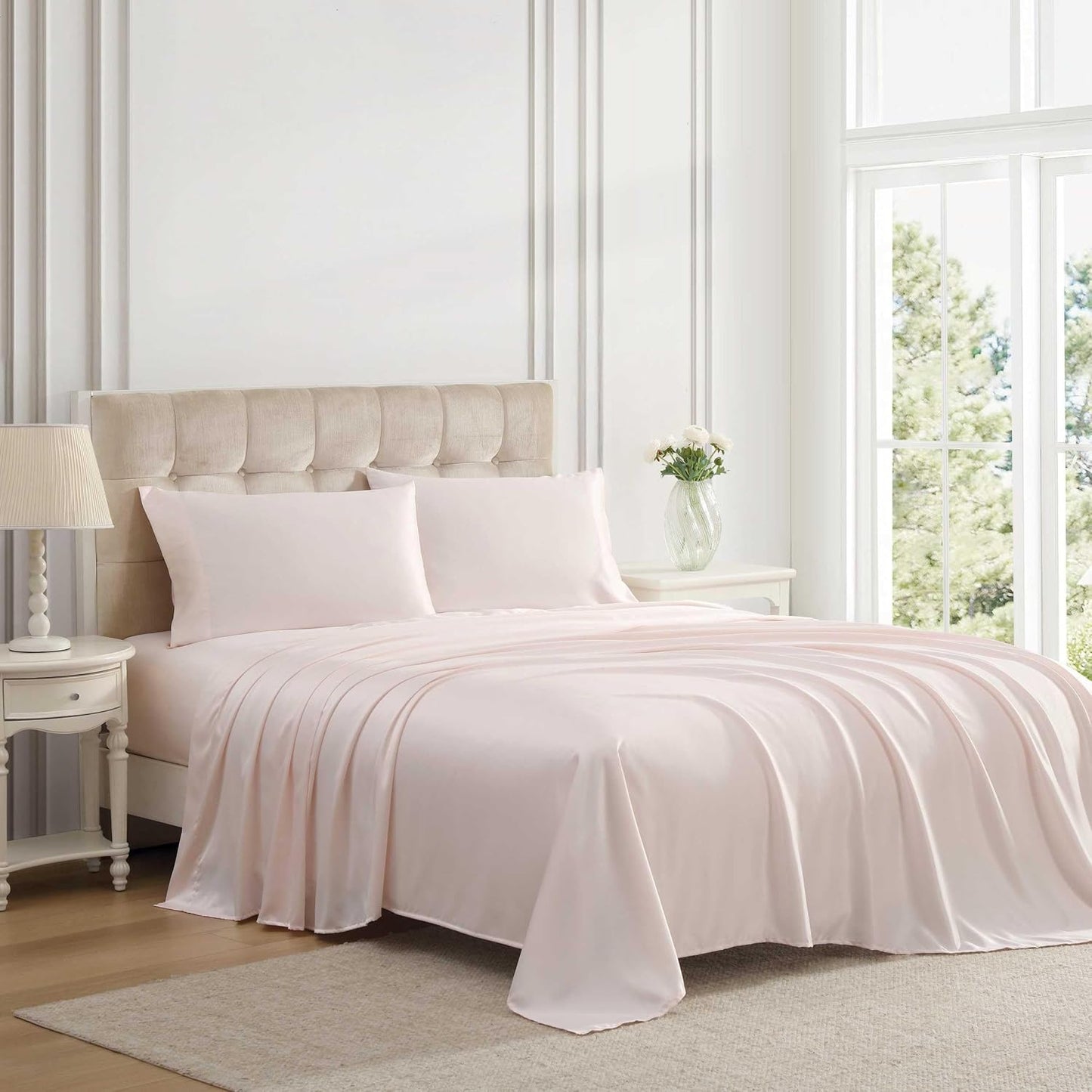 Laura Ashley - Queen Sheet Set, 100% Soft & Silky Smooth Satin Bed Sheets, Deep Pockets, Bedding with Matching Fitted Sheet & Pillowcases (Bliss Pink)