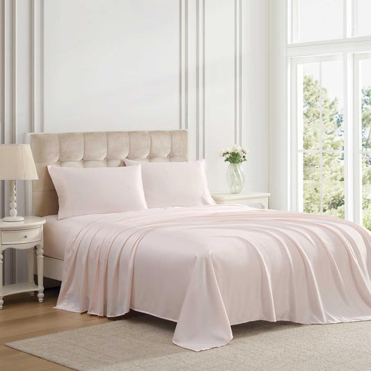 Laura Ashley - Queen Sheet Set, 100% Soft & Silky Smooth Satin Bed Sheets, Deep Pockets, Bedding with Matching Fitted Sheet & Pillowcases (Bliss Pink)