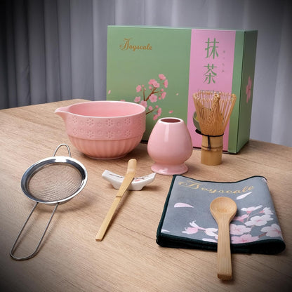 Joyscale Matcha Whisk Set, Matcha Set Whisk And Bowl, 8 Pcs Matcha Kit Set(Cherry Blossom Design), 18 OZ, Japanese Matcha Tea Set, Matcha Making Kit Gifts for Tea Lovers(Pink)