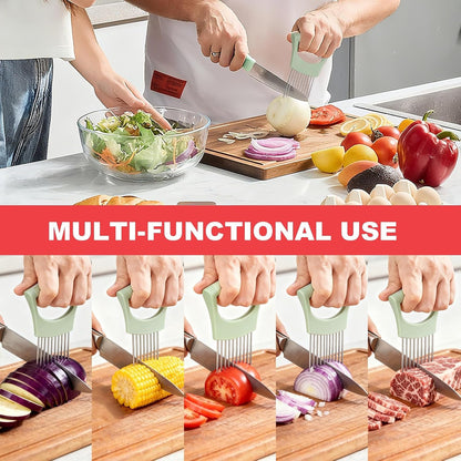 uxcell 2 Pcs Onion Slicer Holder, Stainless Steel Vegetable Cutting Holder Food Cutter Tool for Slicing Storing Onions Tomatoes Potatoes Avocados Apples, Pink