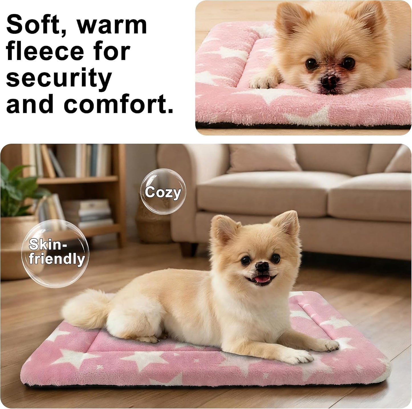 Dog Bed Mat – Soft & Comfortable Dog Kennel Pad for Crate – Durable Crate Bed & Mat for Dogs & Cats – Ideal for Crate, Kennel, and Home Use (Big&Little Stars Pink, S(24"*18"*1.5"))