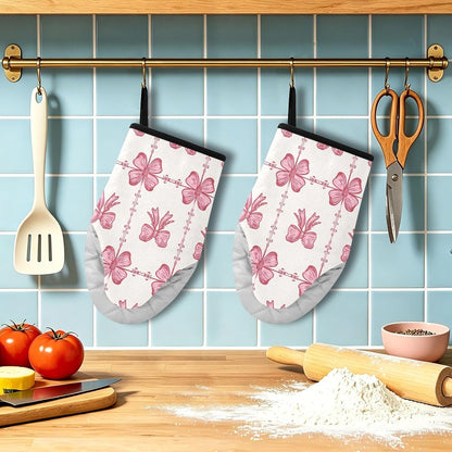 Oven Mitt 2 Pack Set Pink Bow Pattern Seamless Kitchen Mitts Gloves for for Cooking Baking Grilling