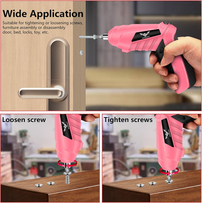 JENABOM Cordless Electric Screwdriver Set 3.6V Rechargeable Small Power Drill, 3Nm Screw Gun with 2 Position Handle, LED Light, 14 in 1 Driver Bit Set, Pink & Black