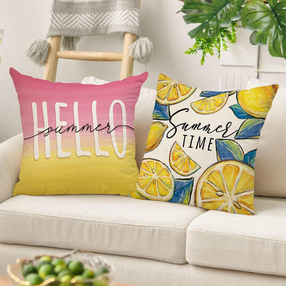 Hello Summer Lemon Decorative Throw Pillow Covers 18 x 18 Set of 4, Summer Vibes Fruit Pink Yellow Cushion Case Decor, Seasonal Home Decoration for Sofa Couch