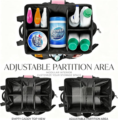 Wearable Cleaning Caddy Organizer with Handle & Adjustable Shoulder Strap 4 Foldable Compartments, Cleaning Supplies Caddy for Housekeepers, Car, Home, Hotel & Outdoor Cleaning Bag（Pink）