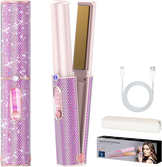 Feitenn Cordless Hair Straightener, 2 in 1 Portable Straightener Hair Straightening, Dual Voltage Flat Iron, Fast Heat, Wireless Hair Curler 5000mAh Rechargable for Travel, Gift for Women（Pink）