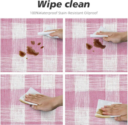 Hand-Drawn Soft Pink and White Check Pattern Round Tablecloth Fitted Table Cover Washable Tablecloths for Kitchen Dining Party 40-44 Inch