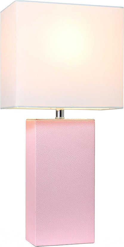 Elegant Designs LT1025-BPK Modern Leather Table Lamp with White Fabric Shade, Blush Pink