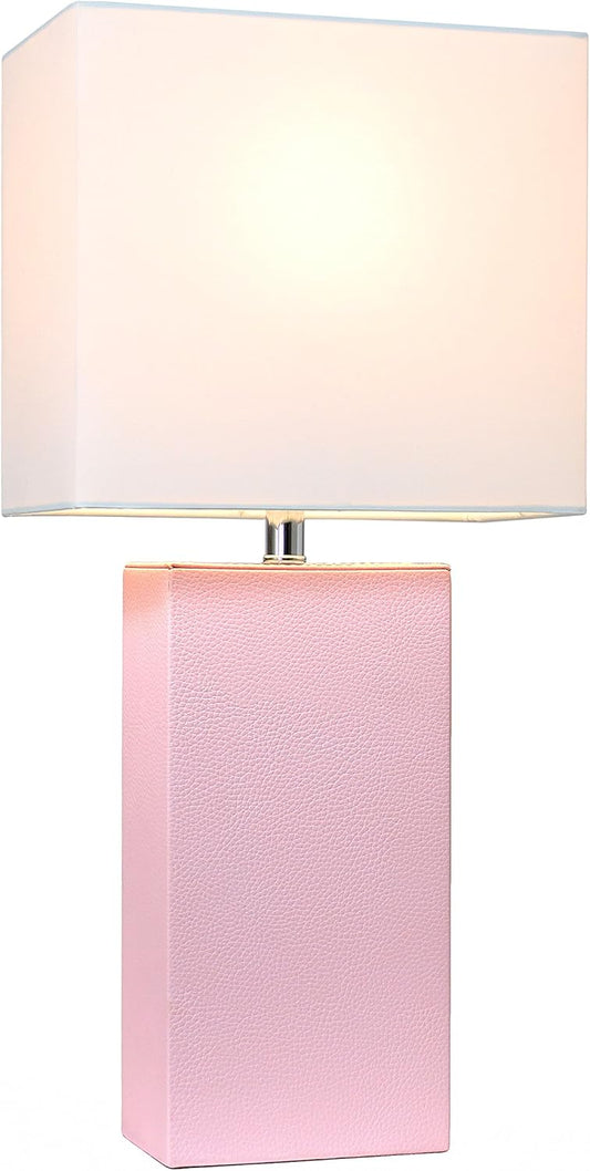 Elegant Designs LT1025-BPK Modern Leather Table Lamp with White Fabric Shade, Blush Pink
