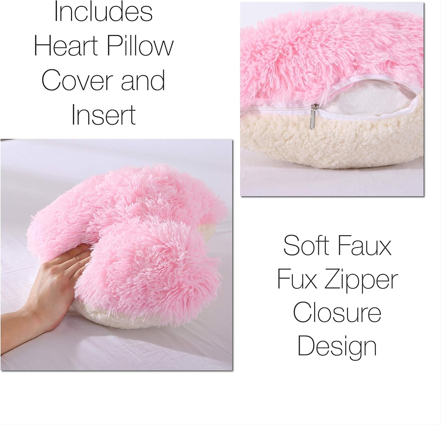 MOOWOO Pink Fluffy Heart Pillow, Shaggy Plush Faux Fur and Sherpa, Cute Soft Throw Cushion Valentines Day Decor for Mothers Day, Christmas Decorations,Love Heart Shaped Throw Pillow