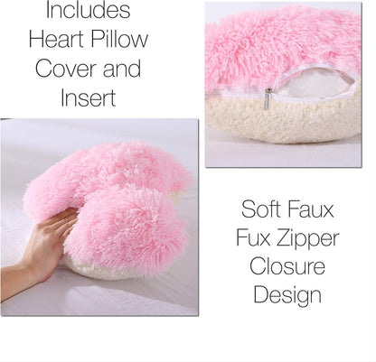 MOOWOO Pink Fluffy Heart Pillow, Shaggy Plush Faux Fur and Sherpa, Cute Soft Throw Cushion Valentines Day Decor for Mothers Day, Christmas Decorations,Love Heart Shaped Throw Pillow