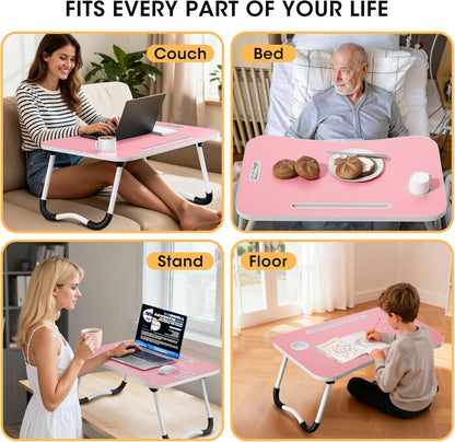 Folding Lap Desk, 23.6 Inch Wood Laptop Bed Desk with Cup Holder, Portable Bed Table for Working Writing Reading & Eating for Bed, Sofa, Couch, Floor - Pink