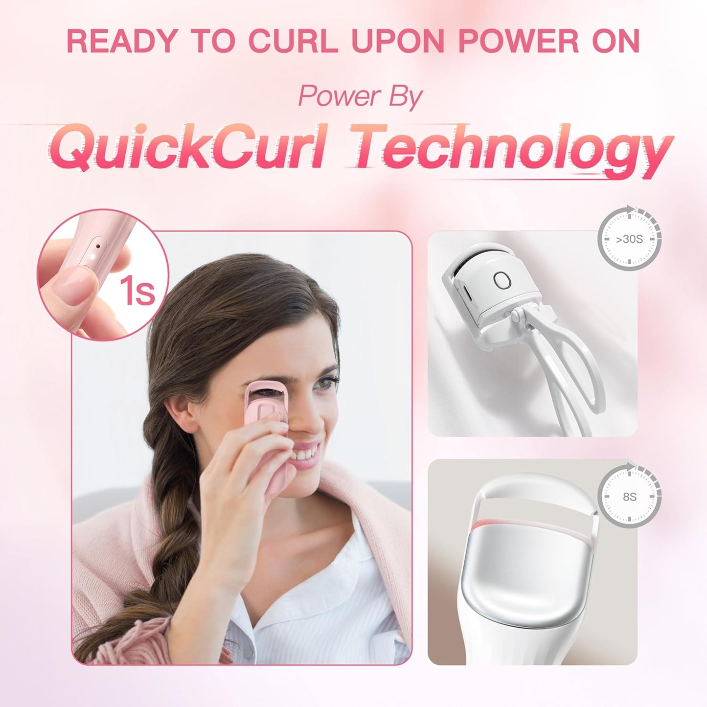 HEBECA Heated Eyelash Curler Innovative, QuickCurl 2S Heat Up, Naturally Lash Curler 70°C/85°C Adjustable Heat, Safe Food-Grade Silicone, 600mAh Battery Portable Size for Travel (Pink)