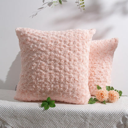 Peach Pink Square Throw Pillow Covers – 2-Pack 18"x18" Decorative Cushion Covers – 600g Faux Rabbit Fur