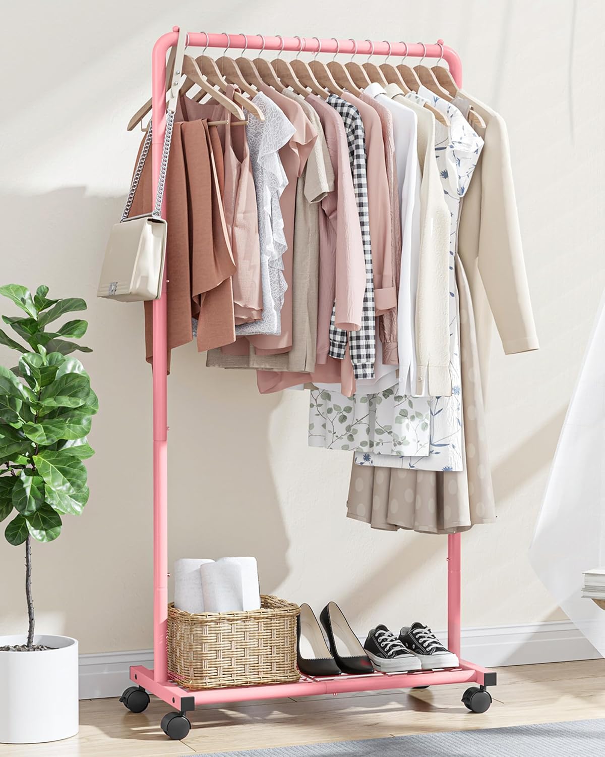 Sakugi Clothes Rack - Clothing Rack with Storage Mesh Shelf & Casters, Heavy-Duty Metal Clothing Rack for Hanging Clothes, Dresses, Coats, Large Load Capacity, Easy Assembly, Pink, 28.0"x16.9"x59.0"