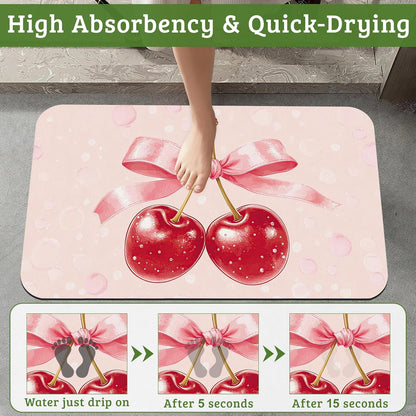 Pink Bow Bathroom Rugs Cherry Bath Mat, Thin Non Slip Floor Mats Shower Bath Rug for Tub, Laundry,Kitchen,Christmas Decorations, 17"x 29.5"