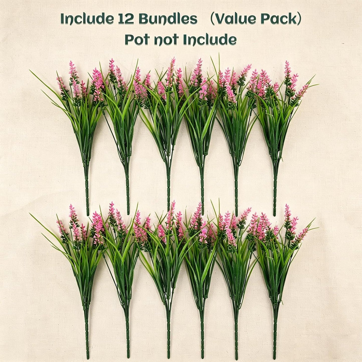 12Pcs Artificial Fake Flowers Monkey Grass for Outdoors, UV Resistant Realistic No Fade Faux Greenery Plants with Pink Flowers for Planter Home Garden Porch Patio Window Box