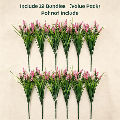 12Pcs Artificial Fake Flowers Monkey Grass for Outdoors, UV Resistant Realistic No Fade Faux Greenery Plants with Pink Flowers for Planter Home Garden Porch Patio Window Box