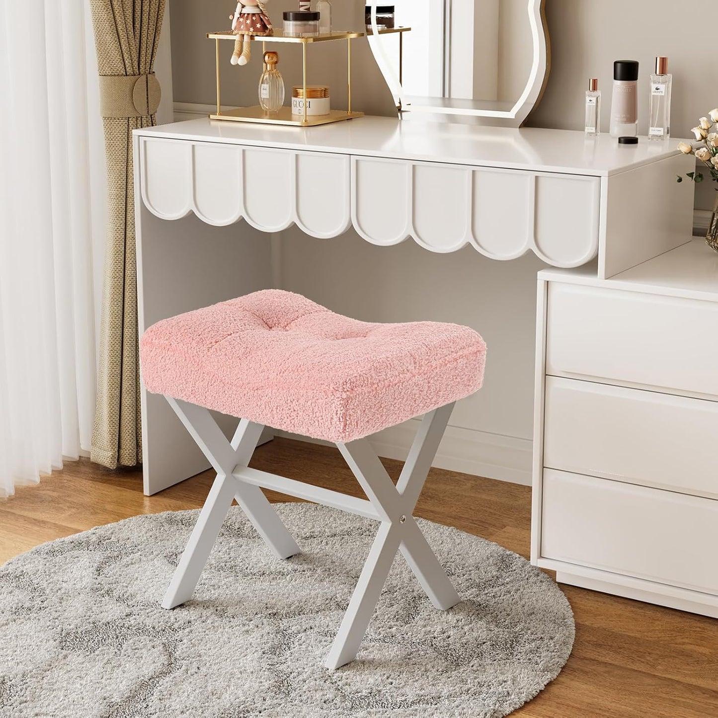 Memobarco 18-Inch Vanity Stool Chair, Vanity Bench with Metal X-Legs, Ottoman Accent Stool with Breathable and Soft Boucle Fabric Saddle Seat, Pink