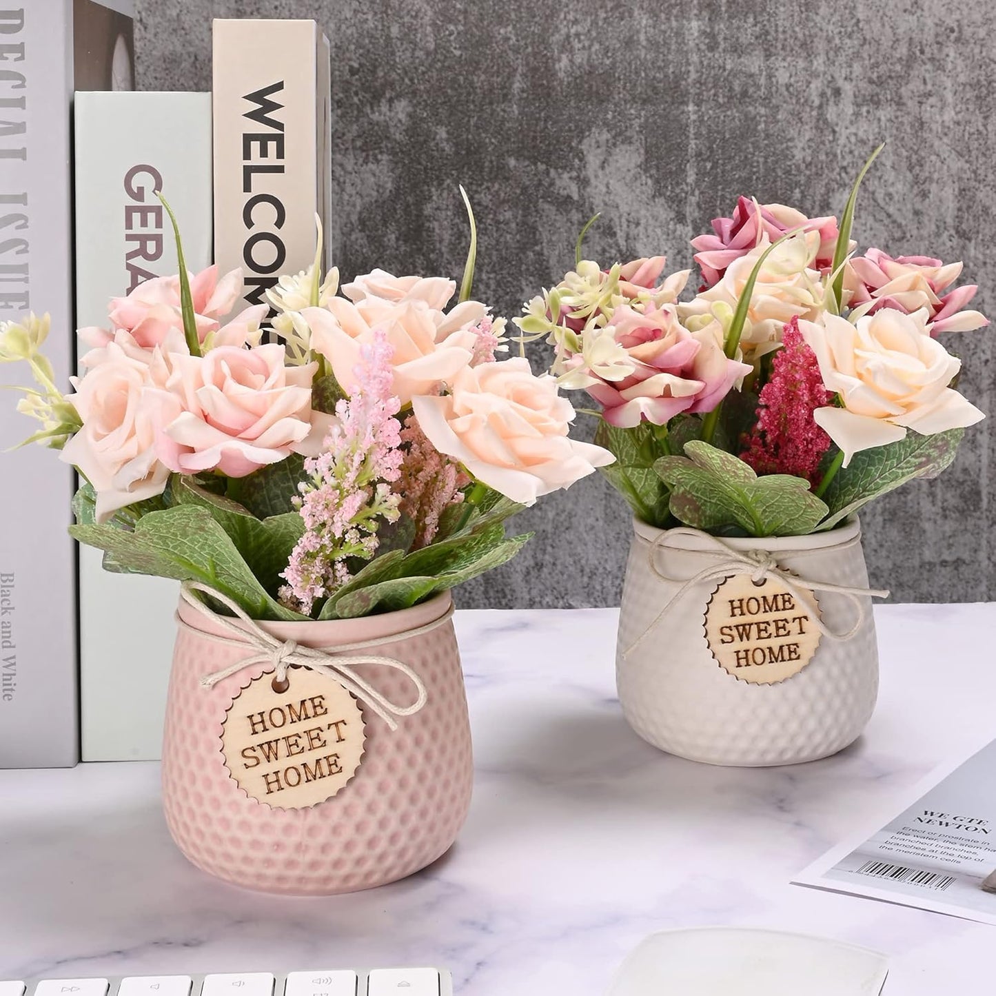 LUEUR Artificial Flowers with Vase, 2pcs Pink Silk Roses in Pot, Fake Flowers Decoration in Ceramics Vase Faux Floral Arrangement for Table Centerpieces Spring/Summer Decor Home Office Farmhouse