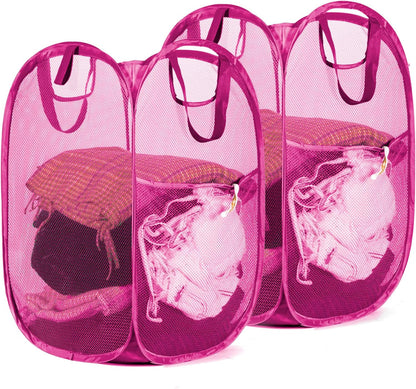 HOUSE AGAIN 2 Pcs Pop Up Laundry Hamper, Strong Mesh Laundry Baskets Collapsible, Hamper with Handles and Side Pocket, Portable Foldable Dirty Clothes for Dorm, Laundry room and Travel Storage, Pink