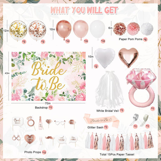 Bachelorette Party Decorations, Rose Gold Bride Shower Decorations Bride to Be Banner Backdrop Veil Sash Confetti Foil Balloons Tassel Paper Pom Poms Photo Props for Engagement Wedding Party Favors