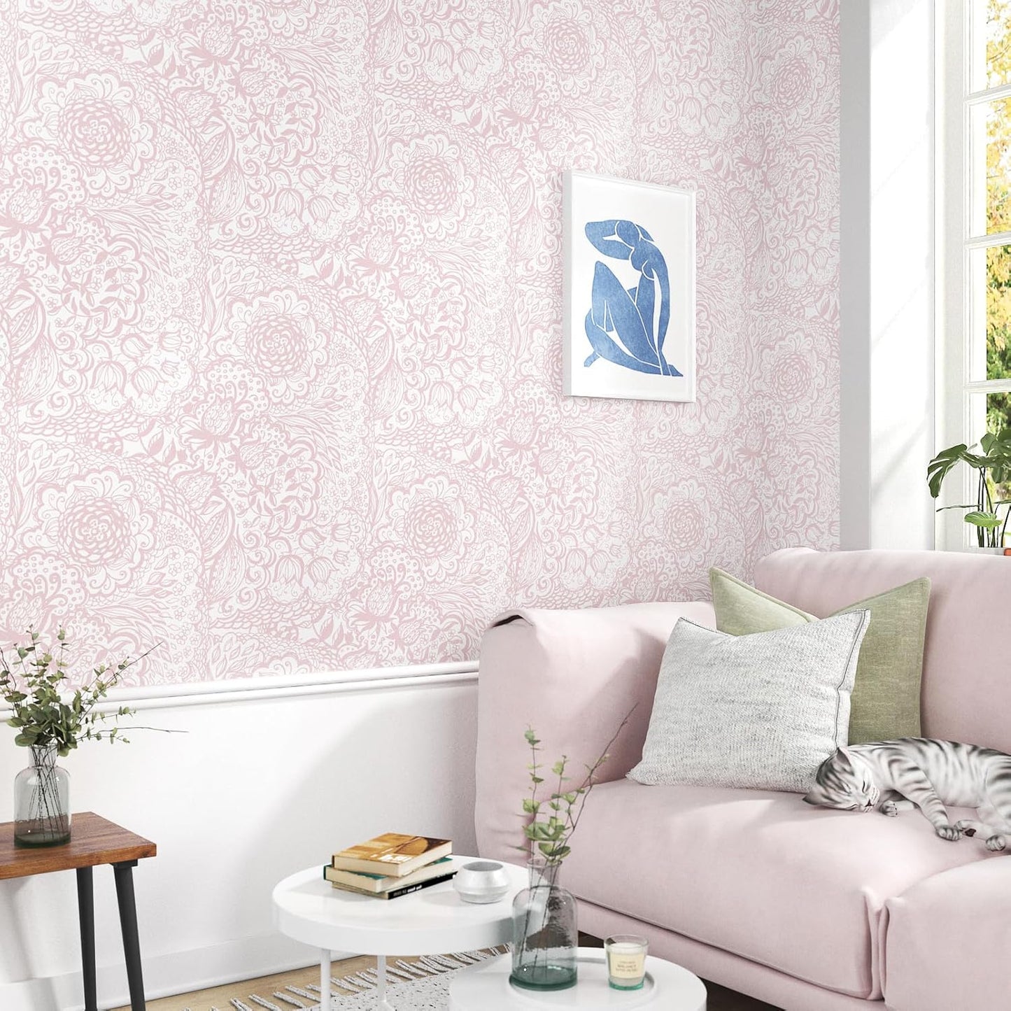 Pink Peel and Stick Wallpaper Boho Wall Paper Pink Floral Wallpaper for Bedroom Bathroom Living Room Removable Self Adhsive Floral Contact Paper for Cabinets Nursery Shelf Liner 17.5"x102"