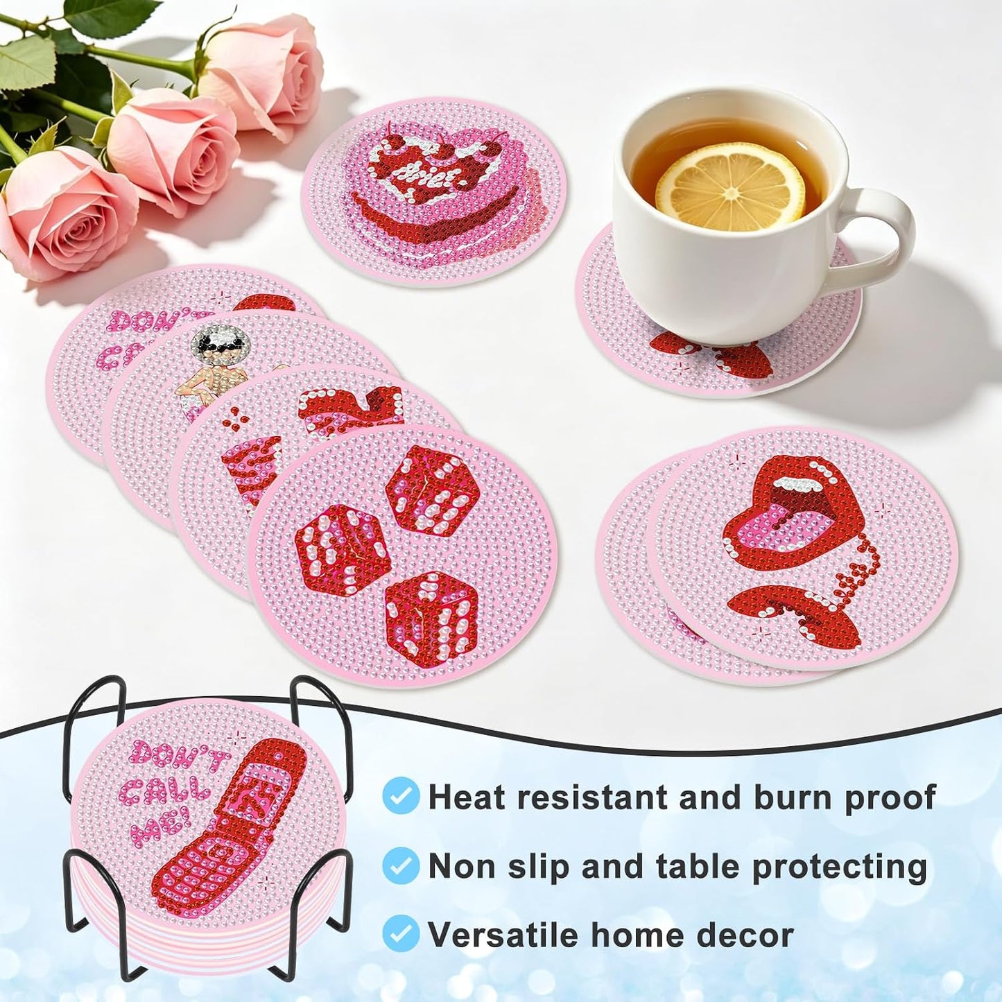 Camocin Pink Diamond Art Coasters Kit, 8 PCS 5D Diamond Painting Coasters | with Holder & Non-Slip Cork Pads, DIY Craft for Women & Girls, Birthday Gift, Girls' Night, 4x4 Inch