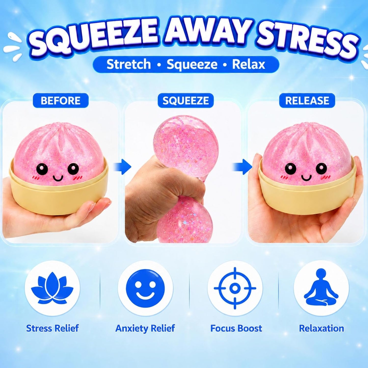 Mystery Sparkly Pink Dumpling Squishies with Steamer Box, Soft Stretchy Bao Bun Stress Relief Balls, Sensory Fidget Squeeze Toys for Anxiety Relief, Decompression Desk Toys
