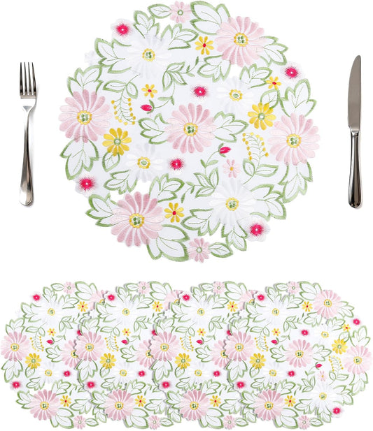 14 Inch Round Spring Flower Placemats Set of 4, Daisy Embroidered Doilies, Soft Breathable Washable Non-Slip Table Mats for Home Kitchen Dining Party Daily Decor,Pink&White